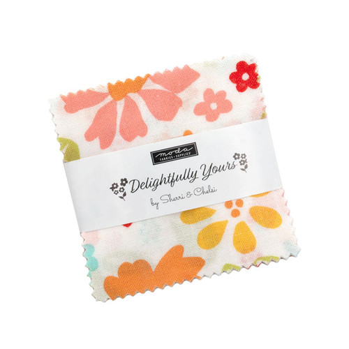 Moda Fabrics Delightfully Yours Sherri & Chelsi Mini Charm, colorful fabric with floral pattern in pink, orange, yellow, and green.