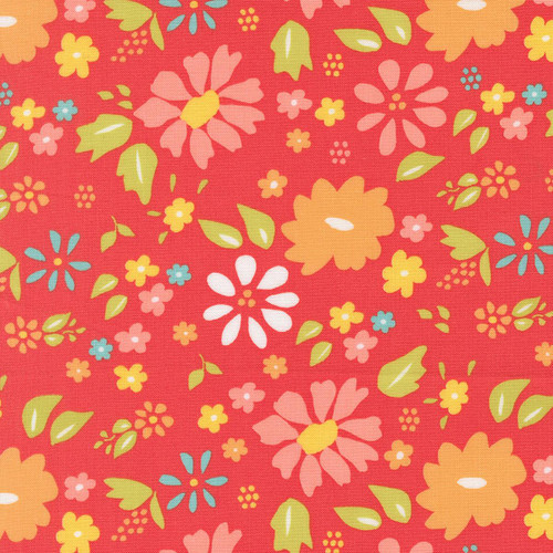 Moda Fabrics Delightfully Yours Sherri & Chelsi Geranium Red Garden Flowers fabric, colorful floral pattern with pink, orange, yellow, and blue flowers, and green leaves on a red background.
