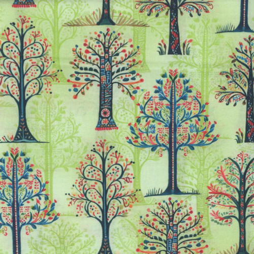 Benartex Fabrics Farm Feathered Folk Nicole Decamp Folklore Forest Green, colorful tree patterned fabric featuring stylized trees with red, blue, and pink accents on a light green background.