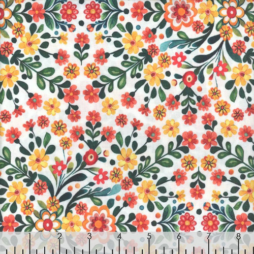 Benartex Fabrics Farm Feathered Folk Nicole Decamp Folklore Garden White, floral quilt fabric with yellow and red flowers and green leaves on a white background.
