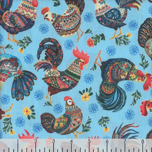 Benartex Fabrics Farm Feathered Folk Nicole Decamp Feathered Friends Sky Blue, colorful storybook-style roosters and hens on a light blue background.