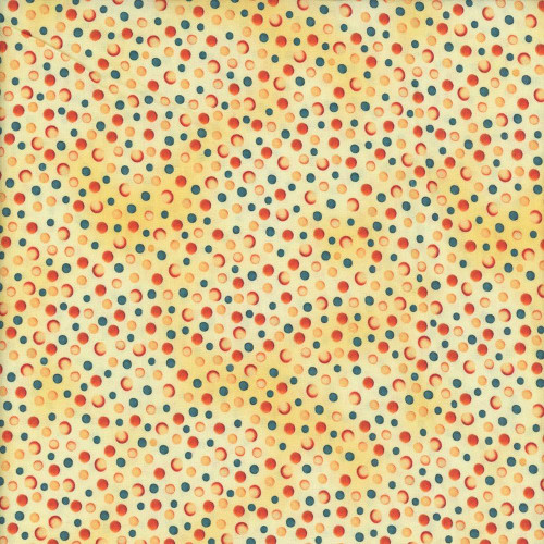 Benartex Fabrics Farm Feathered Folk Nicole Decamp Folk Dots Yellow, yellow fabric with multicolored dots pattern.