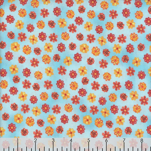 Benartex Fabrics Farm Feathered Folk Nicole Decamp Folk Flowers Sky Blue, fabric with a pattern of small red and yellow flowers on a light blue background.