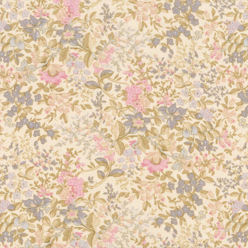 Benartex Fabrics Beloved April Cornell Penelope Natural, floral fabric pattern with pink, purple, and beige flowers and leaves on a cream background.