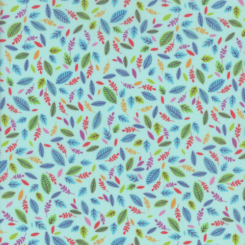 Benartex Fabrics Cheeto's World Kimberly Einmo Scattered Leaves Sky, fabric with a vibrant pattern of colorful leaves on a light blue background.