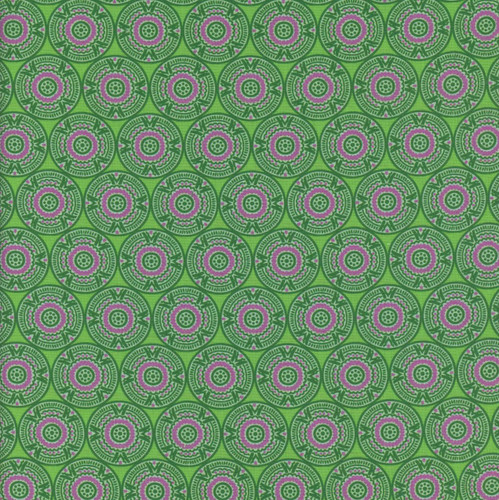 Benartex Fabrics Cheeto's World Kimberly Einmo Medallions Grass, fabric featuring a vibrant green background with intricate pink and purple medallion patterns.