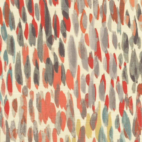 Waverly Fabrics Kelly Ripa Make It Rain Nectar Red Orange Brown Painters Rain Drops, fabric pattern with multicolored paint drops in red, orange, brown, yellow, blue, and gray on a beige background.