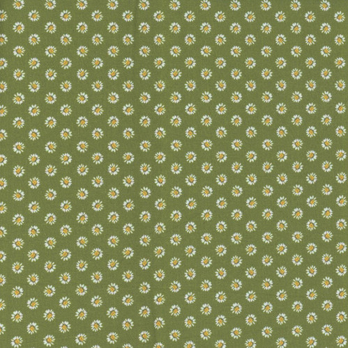 Benartex Fabrics A Prairie Heart Katie Daisy Dainty Daisy Dark Fern Green, product image showing a fabric with small white daisies with yellow centers on a dark fern green background.