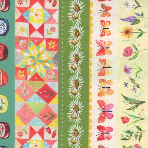 Benartex Fabrics A Prairie Heart Katie Daisy A Prairie Heart Stripe Multi, colorful fabric strip design featuring various floral, butterfly, and nature-inspired patterns.