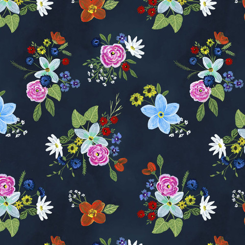 Clothworks Fabrics Cottage Dreams Flower Bouquets Navy Blue