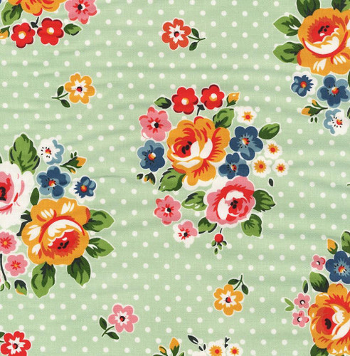 Poppie Cotton Fabrics Flower Market Green Flower Bouquet, fabric with colorful floral pattern on a green polka dot background.