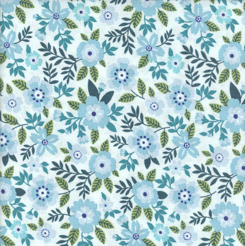 Benartex Fabrics Seaside Garden Shelley Cavanna Asters Aquamarine, fabric pattern featuring light blue, teal, and navy blue flowers with green leaves on a white background.