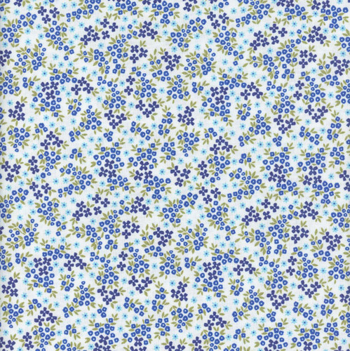 Benartex Fabrics Seaside Garden Shelley Cavanna Heather Cobalt, fabric with a floral pattern of small blue and purple flowers with green leaves on a white background.