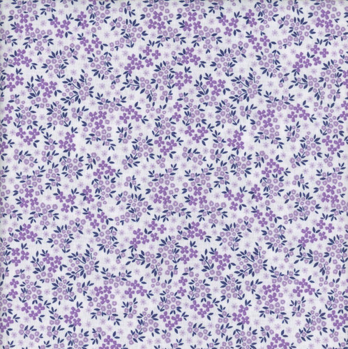 Benartex Fabrics Seaside Garden Shelley Cavanna Foliage Lilac, fabric with a purple floral pattern of small flowers and leaves on a light background.