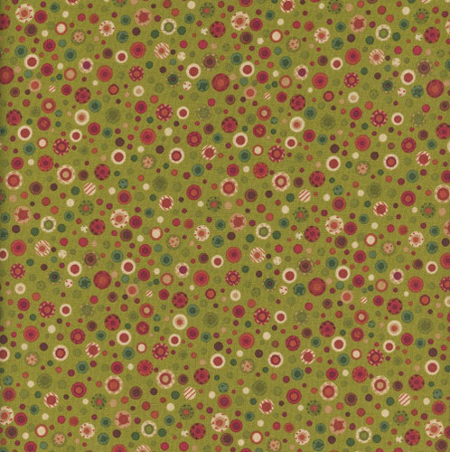 Henry Glass Fabrics Pennyberry Farm Kim Diehl Med Green Pennyberries, fabric with a green background and a pattern of small red, white, and pink circles and flowers.