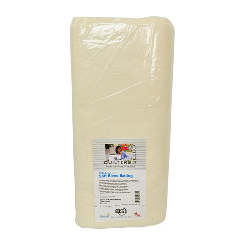 Quilters Select Cotton Polyester Blend Queen Size Batting, white quilt batting wrapped in plastic with a label detailing product specifications.