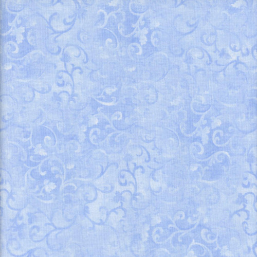 Wilmington Prints Essentials Blue Weathered Garden Scroll, light blue fabric with a subtle weathered garden scroll pattern in a darker shade of blue.