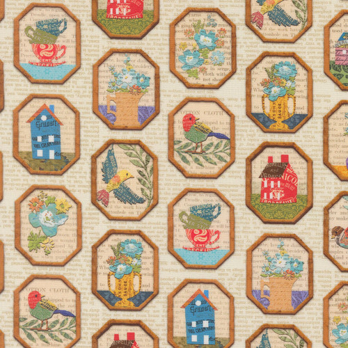 Moda Fabrics Paper Hamlet Cathe Holden Decoupage Framed Flowers Houses Cups Paper Cream