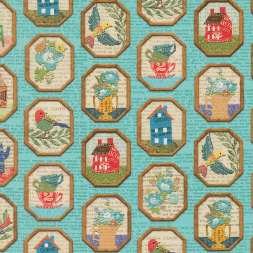 Moda Fabrics Paper Hamlet Cathe Holden Decoupage Framed Flowers Houses Cups Sky Aqua