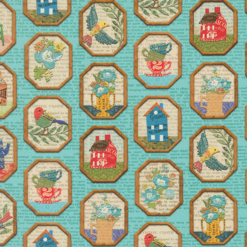 Moda Fabrics Paper Hamlet Cathe Holden Decoupage Framed Flowers Houses Cups Sky Aqua