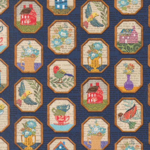 Moda Fabrics Paper Hamlet Cathe Holden Decoupage Framed Flowers Houses Cups Midnight Blue