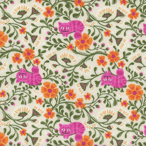 Moda Ruby Star Society Fabrics Hello Alice Sarah Watts Cheshire Cats Flower Vine Shell Natural, colorful fabric with pink Cheshire cats, orange and white flowers, and green vine patterns.