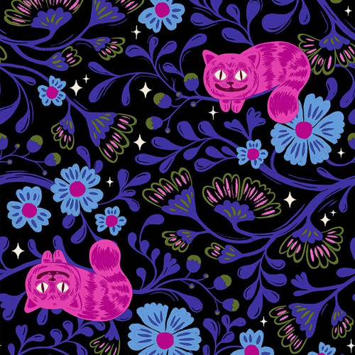 Moda Ruby Star Society Fabrics Hello Alice Sarah Watts Cheshire Cats Flower Vine Black Black