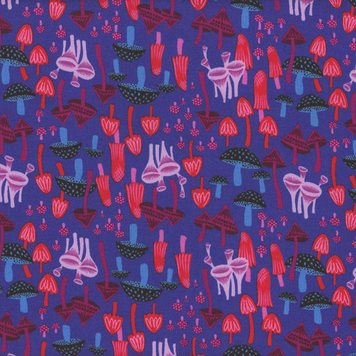 Moda Ruby Star Society Fabrics Hello Alice Sarah Watts Mushroom Land Blacklight Purple fabric with mushroom and berry pattern.