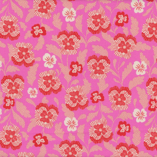 Moda Ruby Star Society Fabrics Hello Alice Sarah Watts Pansies Lipstick Pink, floral fabric pattern with red, pink, white flowers and beige leaves on a pink background.