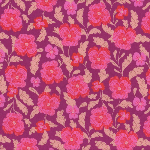 Moda Ruby Star Society Fabrics Hello Alice Sarah Watts Pansies Berry Purple, fabric featuring a vibrant floral pattern with pink and red pansies and beige leaves on a purple background.