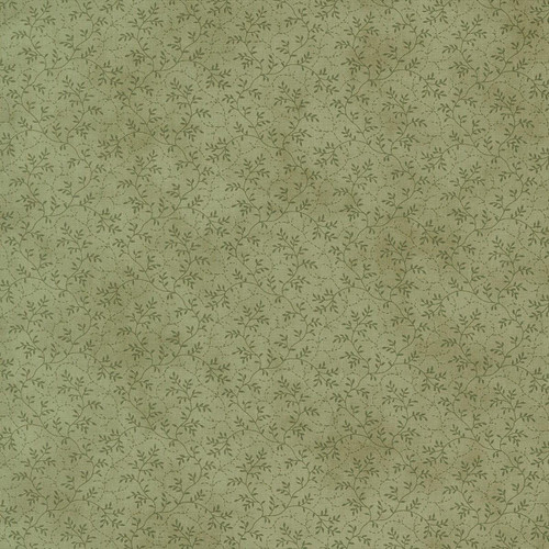 Moda Fabrics Ambiance 3 Sisters Eucalyptus Green Vine, fabric with a delicate, repeating vine pattern in green on a light green background.