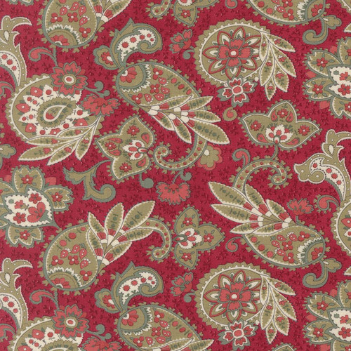 Moda Fabrics Ambiance 3 Sisters Rose Red Paisley, close-up of intricate paisley pattern in red, green, and cream colors.