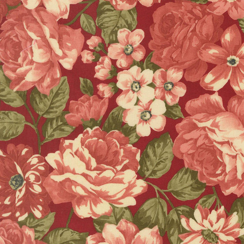 Moda Fabrics Ambiance 3 Sisters Rose Red Bouquets Large Floral fabric, floral pattern with pink and red roses and green leaves on a red background.