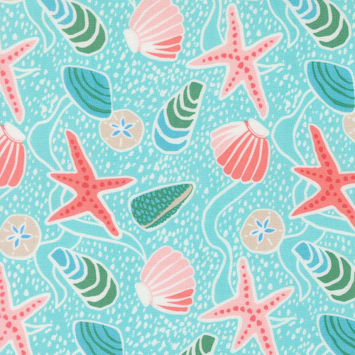 Moda Fabrics Reef Kate Spain Sea Shells Surf, fabric featuring a pattern of starfish, seashells, and seaweed on a light blue background.