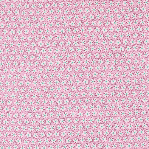 Moda Fabrics Pick Me Me and My Sister Designs Pocket of Posies Petal, close-up of fabric with pink background and small white flowers outlined in pink with teal centers, repeated pattern.