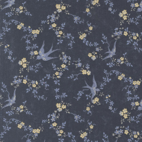 Moda Fabrics Bluebirds Nest Kansas Troubles Quilters Blue Blue Happy Bluebird Birds Flowers, fabric featuring a floral and bird pattern on a dark background. Moda Fabrics Bluebirds Nest Kansas Troubles Quilters Blue Blue Happy Bluebird Birds Flowers, fabric featuring a floral and bird pattern on a dark background.