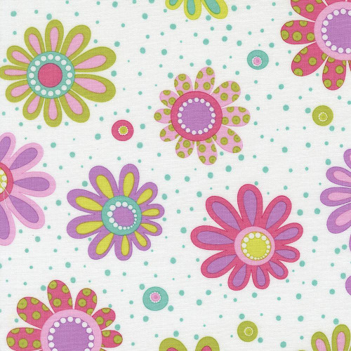 Moda Fabrics Pick Me Me and My Sister Designs Flower Power Sugar, colorful floral pattern with pink, purple, yellow, and green flowers on a white background.