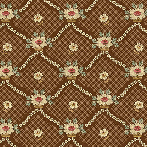 Andover Fabrics Always and Forever by Renee Nanneman Chocolate Brown Lattice Flower Baskets, floral fabric pattern with lattice design and flower baskets on a brown background Andover Fabrics Always and Forever by Renee Nanneman Chocolate Brown Lattice Flower Baskets, floral fabric pattern with lattice design and flower baskets on a brown background