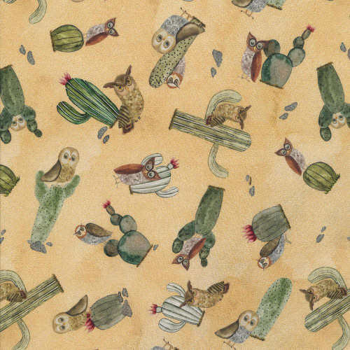 Henry Glass Fabrics Magical Desert by Mayo Moreno Owl Toss Sepia Brown, fabric pattern featuring whimsical owls, saguaro cacti, and desert plants on a sepia brown background. Henry Glass Fabrics Magical Desert by Mayo Moreno Owl Toss Sepia Brown, fabric pattern featuring whimsical owls, saguaro cacti, and desert plants on a sepia brown background.