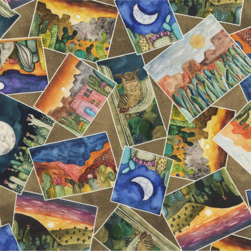 Henry Glass Fabrics Magical Desert by Mayo Moreno Landscape Toss Mocha Brown, fabric pattern featuring colorful desert landscapes, cacti, mountains, and desert animals in a whimsical watercolor style. Henry Glass Fabrics Magical Desert by Mayo Moreno Landscape Toss Mocha Brown, fabric pattern featuring colorful desert landscapes, cacti, mountains, and desert animals in a whimsical watercolor style.