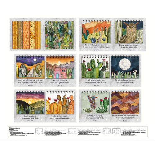 Henry Glass Fabrics Magical Desert by Mayo Moreno Book Panel Tertiary Brown, fabric panel featuring colorful desert and wildlife illustrations with cacti, owls, and desert scenes. Henry Glass Fabrics Magical Desert by Mayo Moreno Book Panel Tertiary Brown, fabric panel featuring colorful desert and wildlife illustrations with cacti, owls, and desert scenes.