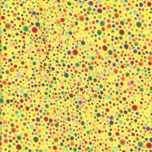 Wilmington Prints Fabrics Essentials Glass Beads Yellow, fabric featuring a vibrant pattern of multicolored dots and circles on a yellow background.