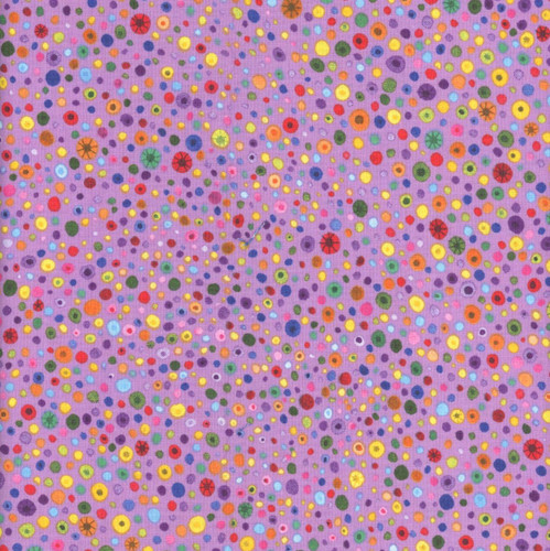 Wilmington Prints Fabrics Essentials Glass Beads Wisteria, fabric featuring colorful glass beads in purple, yellow, red, green, and blue on a lavender background.