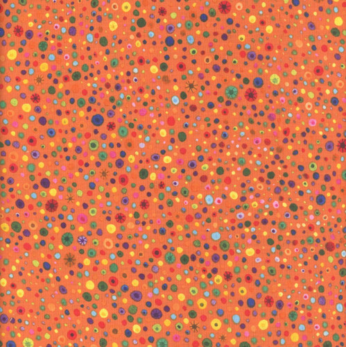 Wilmington Prints Fabrics Essentials Glass Beads Orange, colorful glass beads on fabric, vibrant orange background with multicolored beads.