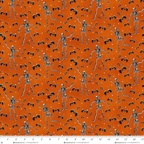 Henry Glass Fabrics Halloween Afterlife Party Glow in the Dark Orange Black Bats Skeletons