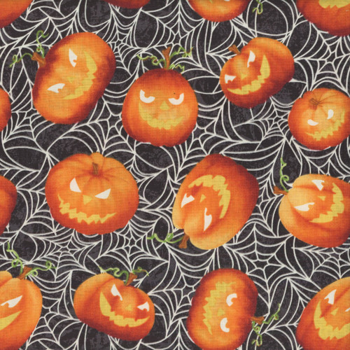 Henry Glass Fabrics Halloween Afterlife Party Glow in the Dark Orange Pumpkins Black Spider Webs