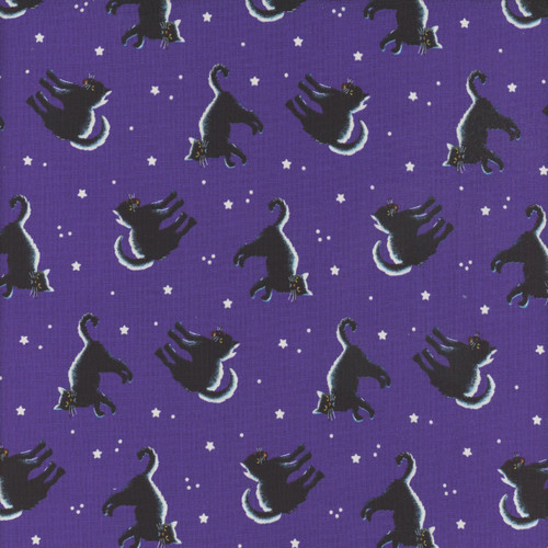 Henry Glass Fabrics Halloween Afterlife Party Glow in the Dark Purple Black Cats