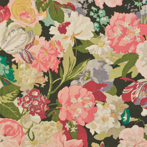 P Kaufmann Fabrics Lisbeth Summer Vintage Floral Hydrangea Peony Tulip Pink Green Blue Black