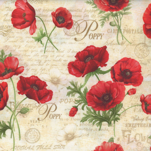 Timeless Treasures Fabrics Poppy Passion by Chong A Hwang Poppy Floral & Text Cream