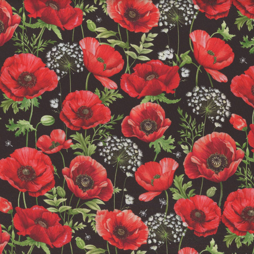 Timeless Treasures Fabrics Poppy Passion by Chong A Hwang Poppies On Script Black